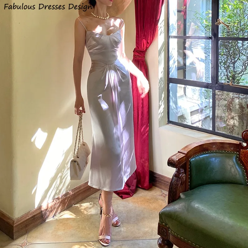 

Elegant Short Prom Dress Mermaid Spaghetti Strap Tea Length Dresses Woman Party Night Evening Gowns 2021 Pleat Robe de soiree