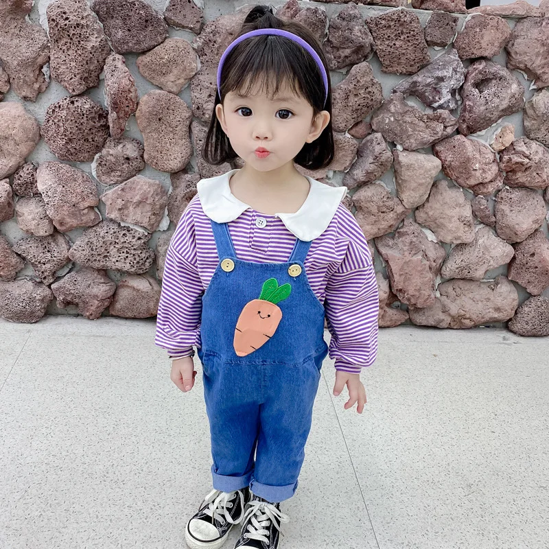 

2021 Spring Casual Children's Wear Denim Suspenders Radish Children's Clothes Two Piece Clothing Set Autumn Tshirt Dress Outfit