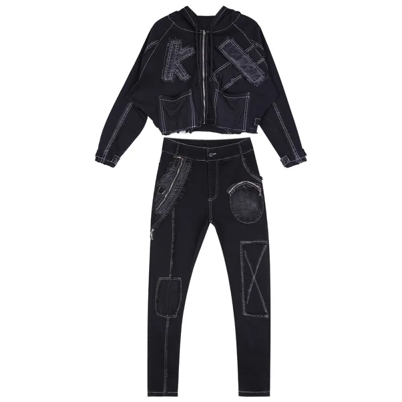 

BF Style Street Casual Two Piece Set Women Loose Hooded Short Jacket Patch Design Black Harem Pants Hip Hop Outfits Pants Set