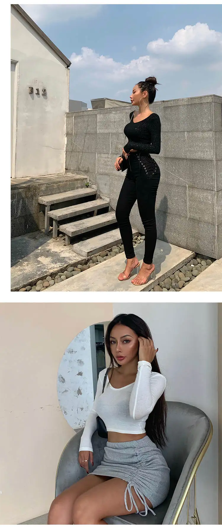 XIBANI Sexy low chest open back top women long sleeve tight bottoming shirt autumn shining nightclub clothing women short black