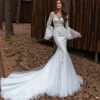 luxury v neck mermaid wedding dress tulle lace flare long sleeves sweep train 2021 white bride gowns vestido de noiva