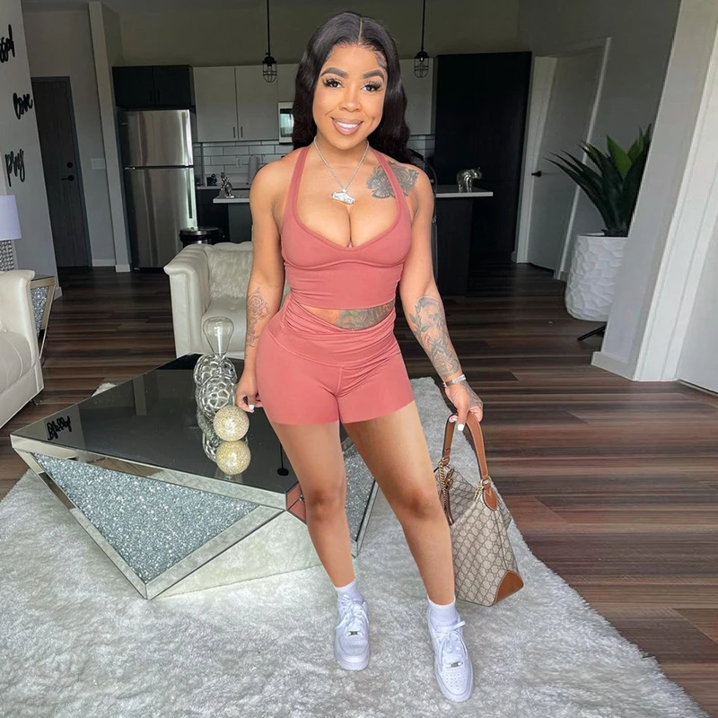 

Женский летний костюм из двух предметов, однотонный короткий топ I-образной формы + шорты с высокой талией, спортивный костюм, одежда для отд...