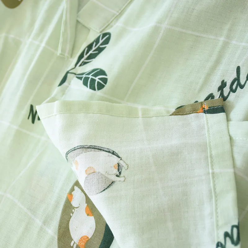 

Women Pajamas Set Kawaii Cat Print Girls Suit Sleepwear Summer Short Sleeve Soft Japanese Good Quality Kimono Yukata Cottont