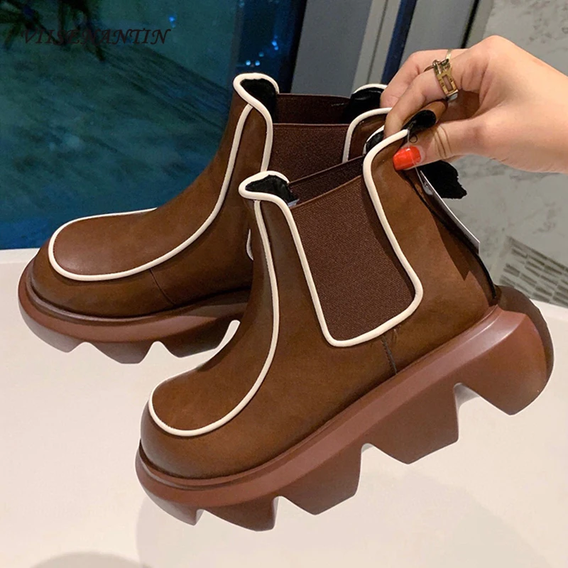 

Новинка, модные кожаные волнистые короткие ботинки на толстой подошве, эластичные повседневные Модные женские ботильоны на платформе