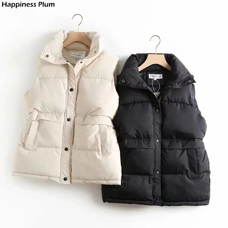 

Autumn Winter Women's Solid Loose Vest Drawstring Stand Collar Long Vest Jacket Cotton Padded Women's Windproof Warm Waistcoat