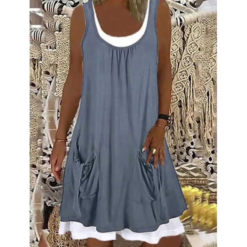 

2021 Summer Women Dress Round Neck Pleated Pocket Dress Female Casual Knee-length Sleeveless Dresses Loose Ladies Clothes