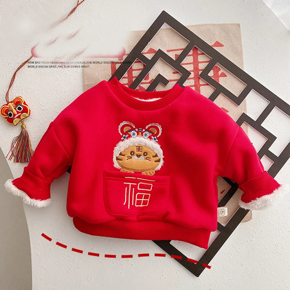 

Традиционная китайская одежда красного цвета с бархатным утеплителем, зимняя, новогодняя, детская, Свитшот унисекс, рождественские топы дл...