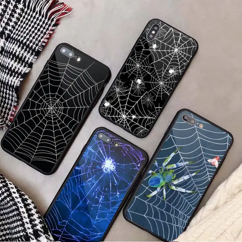 

Cool Spider web Black Phone Case Tempered glass For iphone 6 7 8 plus X XS XR 11 12 13 PRO MAX mini