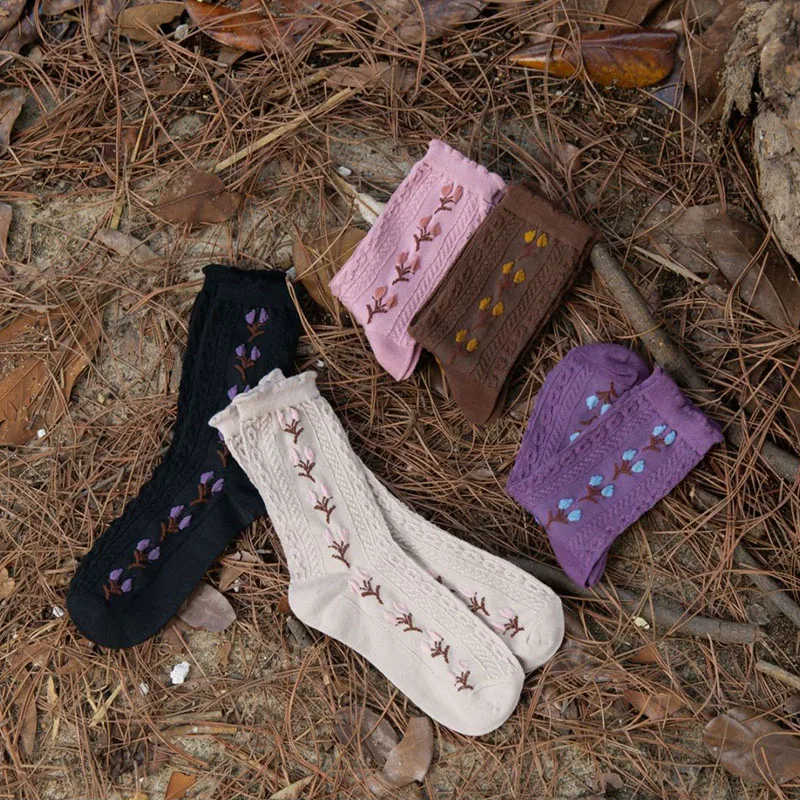 5 Pairs Women Socks  Set Autumn Winter Retro Pure Cotton Ruffle Breathable Cute Socks Floral Japanese Jacquard Middle Tube Hyuna