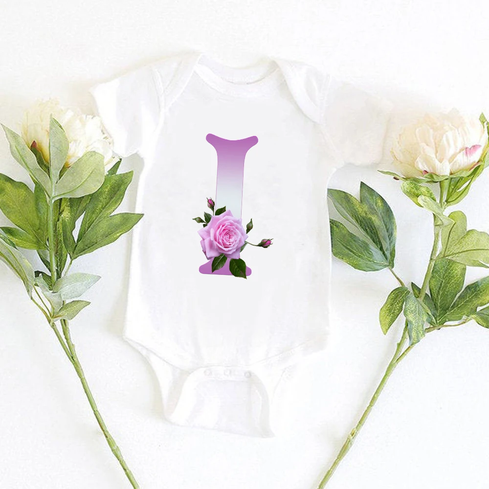 

Italy Novelty 2021 Newborn Clothes Pretty 26 Letter and Rose Printed Fashion Toddler Boy Bodysuit Harajuku Wholesale Romper
