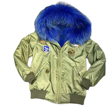 Navy blue bomber fur parka for ladies winter wear, army green pattern warmbody raccoon hoodies mini bombers