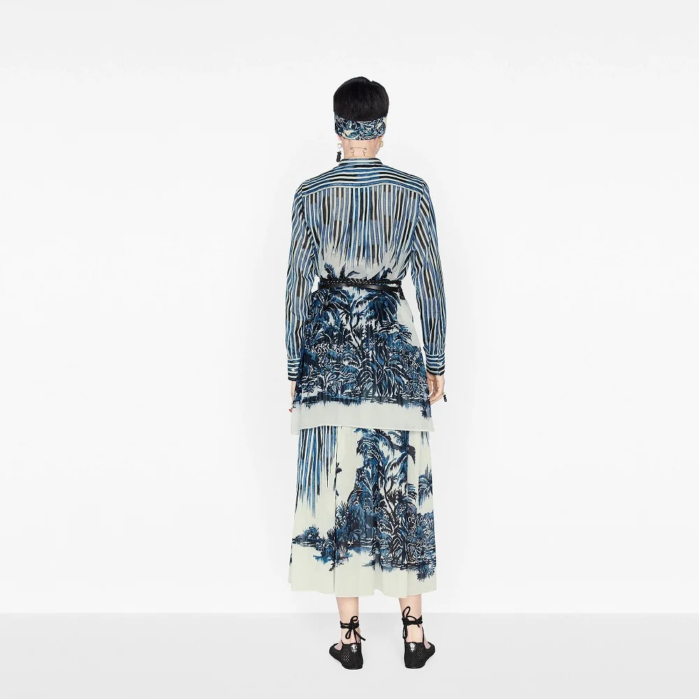 

She Beaty Runway Fashion Women Blouse Shirts High Street Blue Striped Coconut Tree Printed Y2k Tops Blusas Mujer Haut Femme Ropa