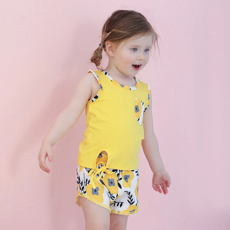 

2021 New Baby Girls Summer Casual Clothing Sets Sleeveless Vest Tops Fashion Flower Shorts Children Beachwear Outfits 6M-4Y