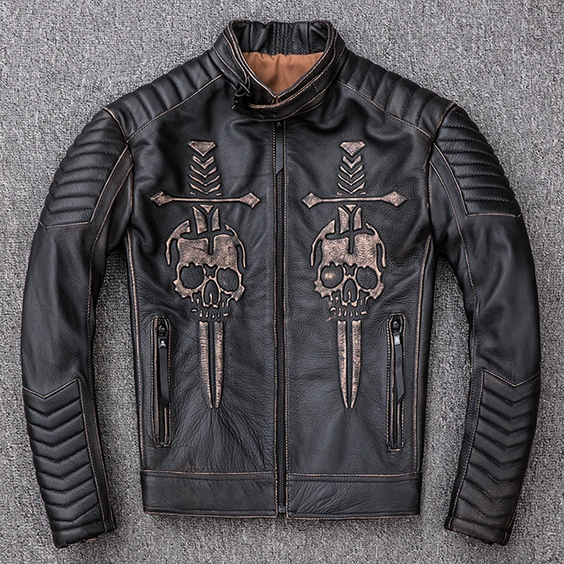 

Free Shipping DHL Men Vintage Motorcycle Black Genuine Cow Leather Jacket Male Stand Collar Classic Biker Spring Coat