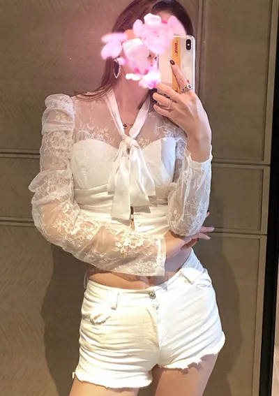 

Sexy Blouse Women's Shirt 2020 New Lace Blouses Long Sleeve Shirts Female Crop Top Bow Collar All-match Slim Tops Blusas