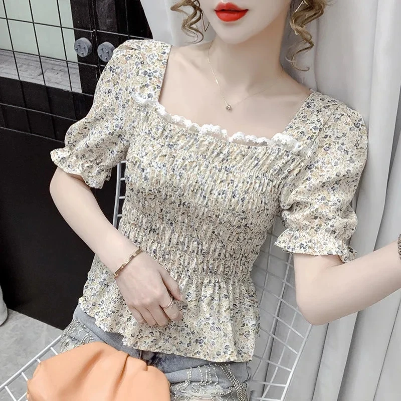 

Floral Shirt Short Sleeve Female Summer Chiffon Ruffles Slim Korean Style Blouses Women Simple Casual Tops For Girls 4 Colors
