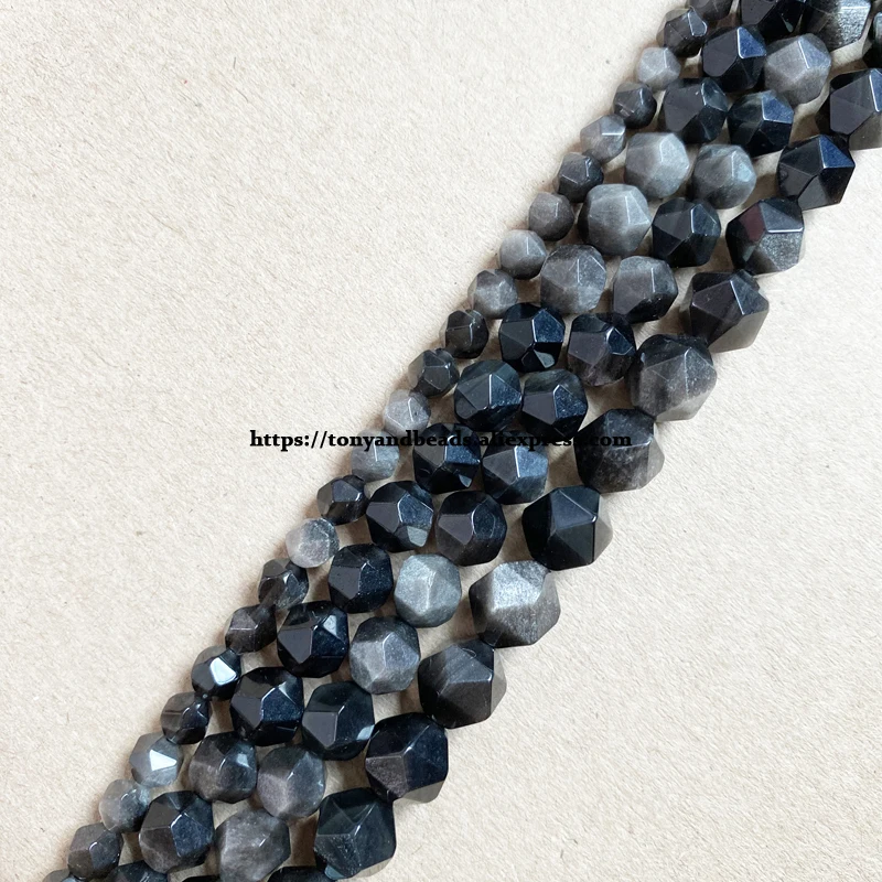 

15" Natural Stone Big Cuts Faceted Silver Color Obsidian Round Loose Beads 6 8 10 mm Pick Size