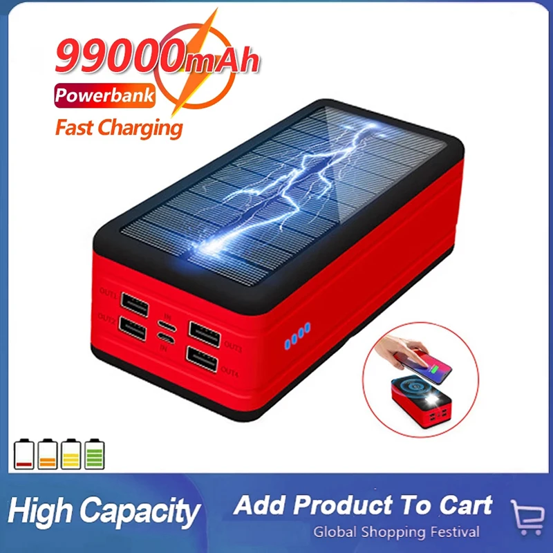 

Solar 99000mAh Large Capacity Portable Power Bank with LED Light Travel Outdoor Emergency Powerbank for Xiaomi Iphone13 Samsung