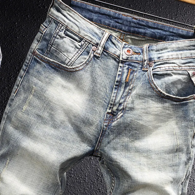 Italian Style Fashion Men Jeans Retro Distressed Elastic Slim Fit Ripped Jeans Men Scratch Vintage Designer Casual Denim Pants