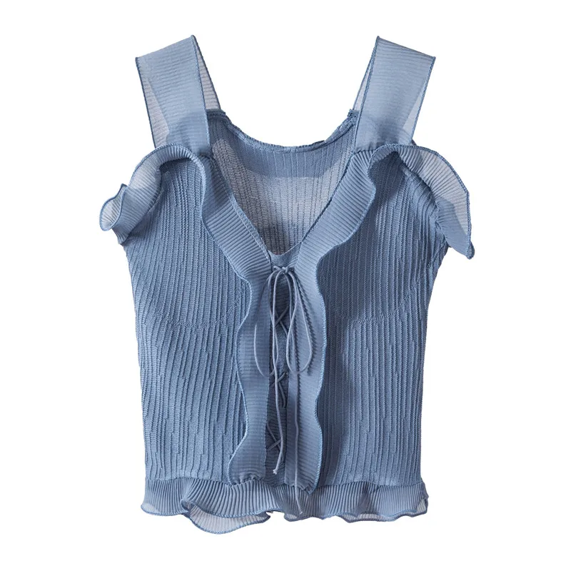 

Women Fashion Knitting Patchwork Ruffles Mesh Sweet Tanks Tops Lady Sleeveless Laced Up T Shirts Sweater Pullover Tops