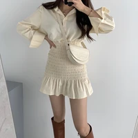 2021 sexy korean chic autumn sweet slim elastic ruffled hem lapel shirt dress mini puff long sleeve casual wild robe vestidos