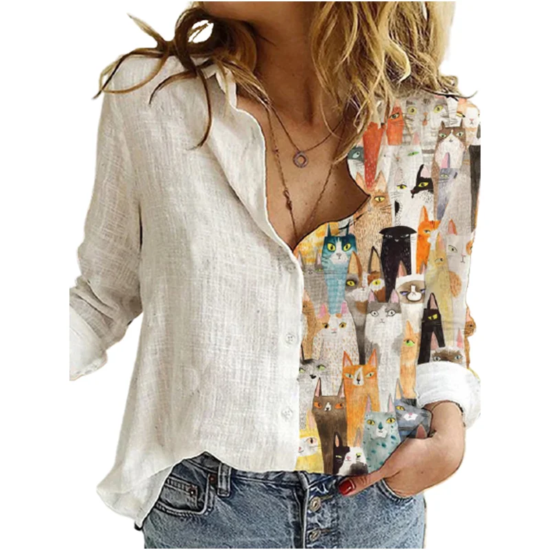 

2020 New Autumn Women Cute Cats Print Cartoon Shirts Long Sleeve Loose Casual White Blouse Big Size Lady Working Shirt Femme