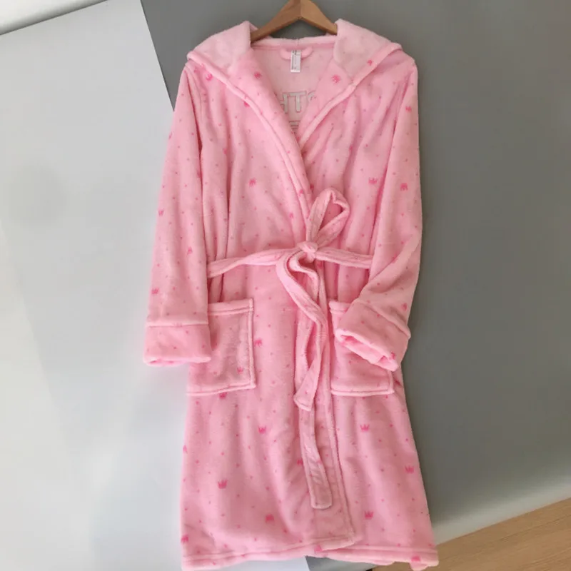 

Ladies Robe pink With hat Winter coral wool Warm Nightgown sleep Women