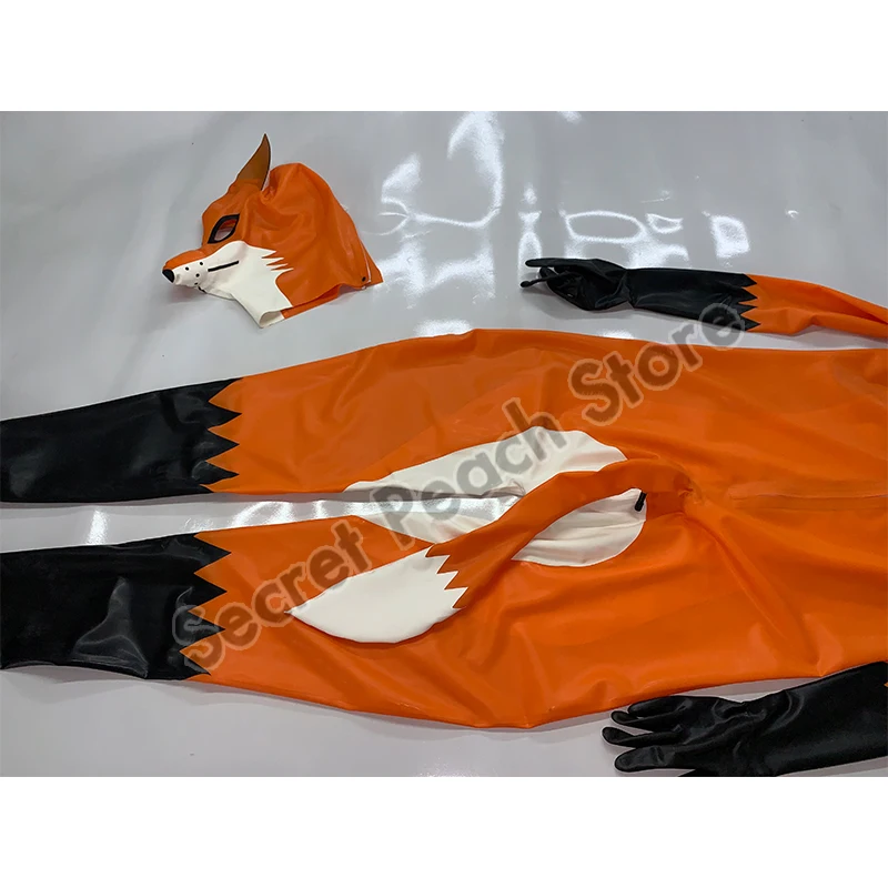 Латексный костюм кошки Косплей лиса хвост надувной резиновый с лисьим капюшоном