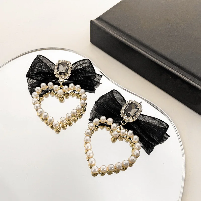 

Lace Bowknot Pearl Heart Drop Earrings Korean Fashion Elegant Earrings For Women Girls 2021 New Fashion Jewelry