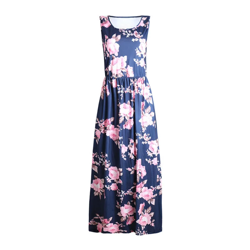 Boho Holiday Summer Female Beach Dress A Line Tank Sleeveless High Waist Long Floral Print Pocket Maxi Q |