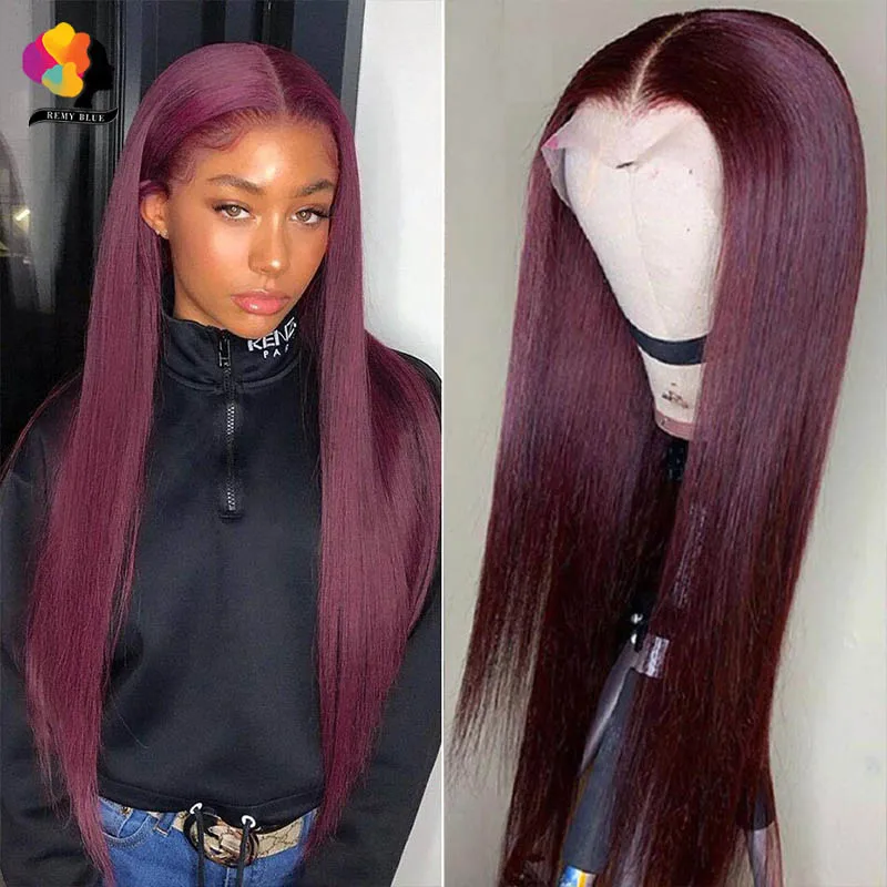 

Burgundy Lace Front Human Hair Wigs 99J Human Hair Wig For Women Peruvian Straight Lace Part Wig Pre-Plucked Remy Hair 28 Inch