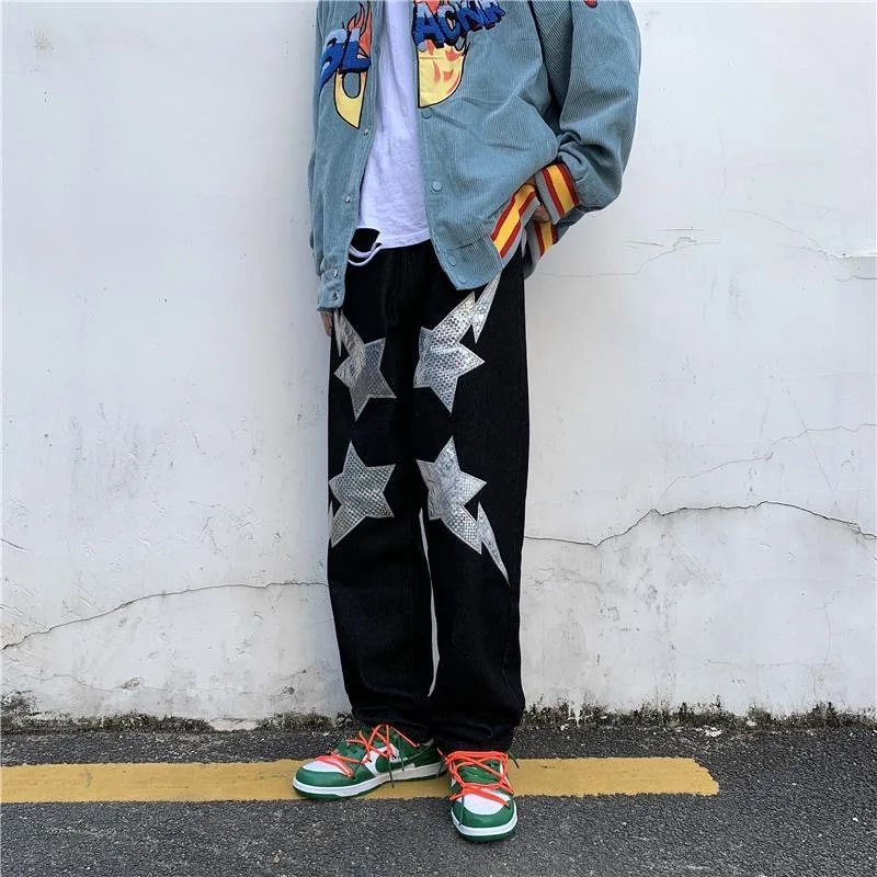 

Trend lightning star stitching letter embroidery jeans men and women casual street y2k streetwear loose wide-leg pants jeans men