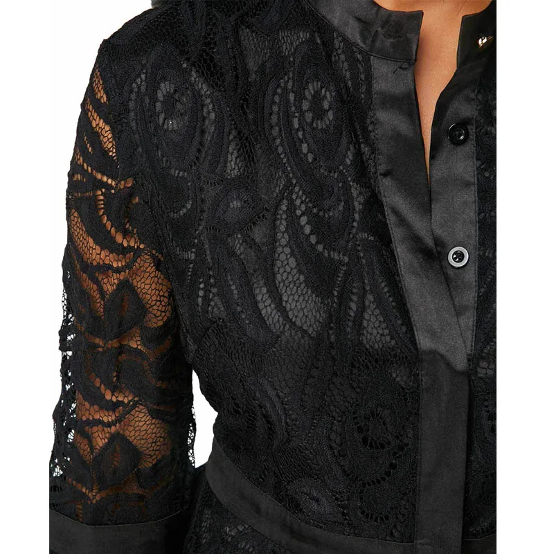 

M-5XL Plus Size Lace Blouse Shirt Women 2020 Fashion Hollow Out Flare Long Sleeve Solid Casual Blouse High Waist Slim Ladies Top
