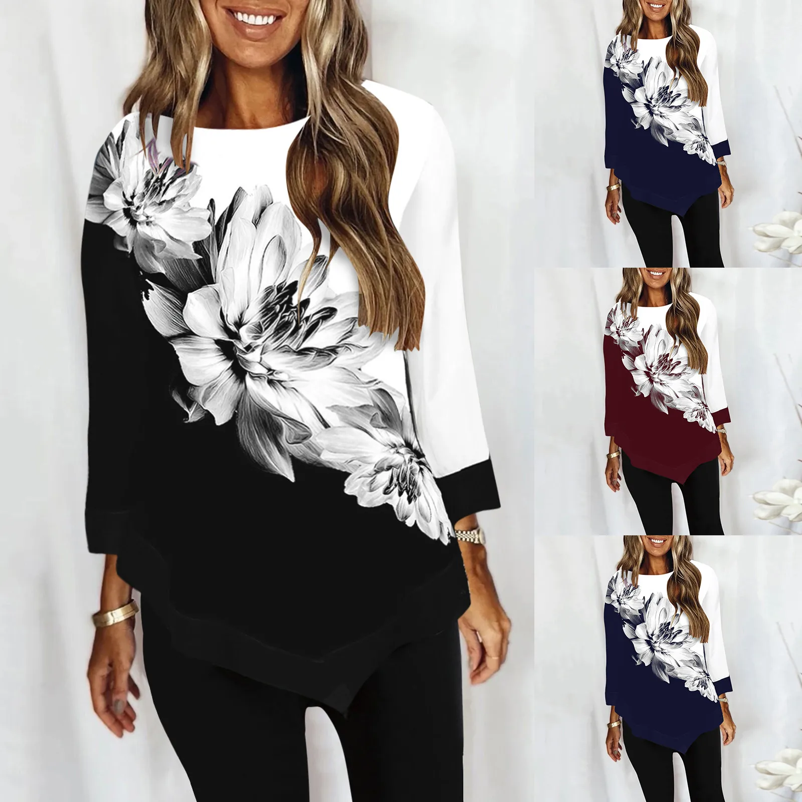 

Женская блузка с длинным рукавом, асимметричным подолом и цветочным принтом