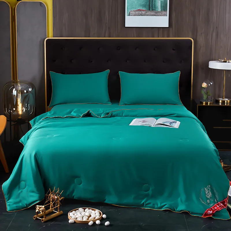 

Summer Washed Silk Quilt Solid Green Blue Grey Blanket Adult Kids Air Condition Comforter Bedspread Bed Cover Bedding Set 4pcs