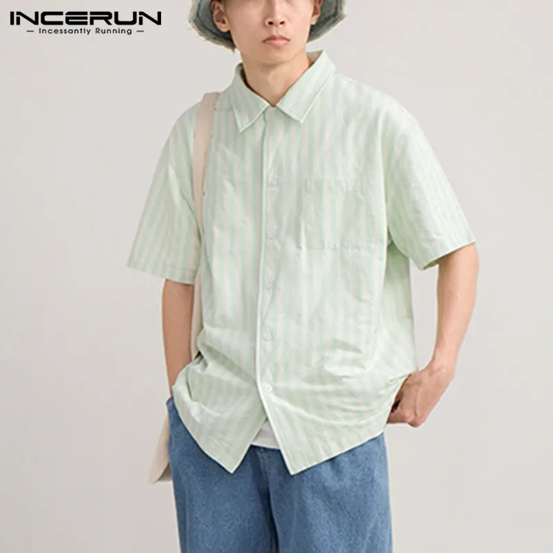 

2021 летнее платье с отложным воротником Camisa INCERUN для отдыха полосатая рубашка с коротким рукавом, на пуговицах, с дышащей блузка Masculina S-5XL
