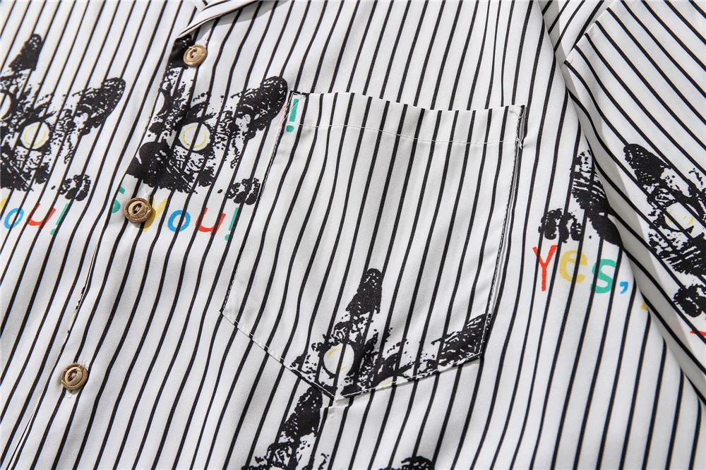 

Shirts for Men Cartoon Cat Print Vertical Striped Shirt Men's High Street Tide Card Loose Lapel Mens Shirts