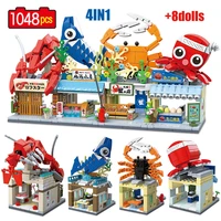 1048pcs 4 in 1 city street view shrimp shop crab store building blocks friends diy japanese food figures bricks toys for kids