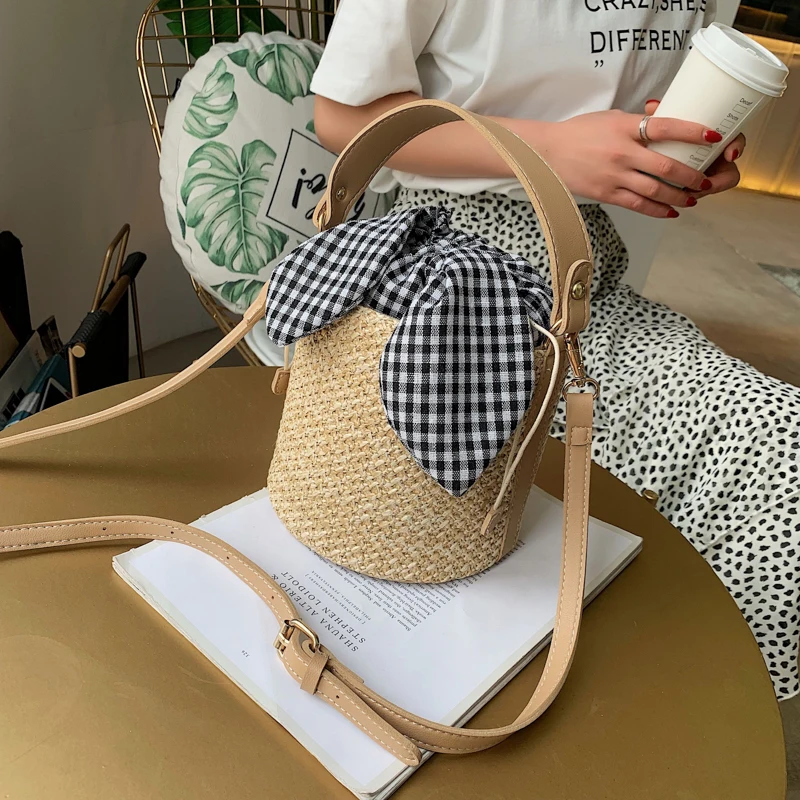 

Summer Handmade Bags for Women Beach Bucket Bag Weaving Ladies Straw Bag Wrapped Beach Bag Round Shape Top Handle Handbags Tote