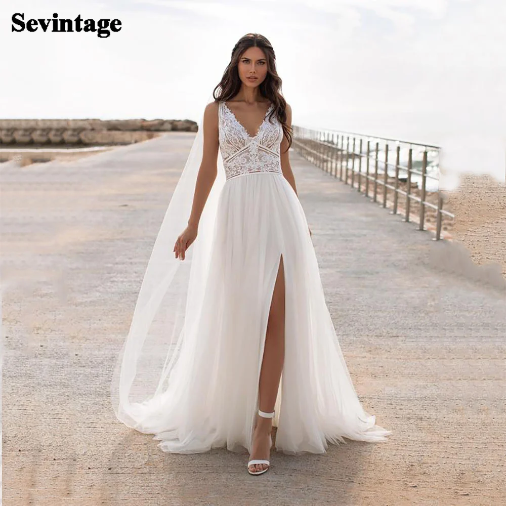 

Sevintage Side Split Wedding Dress 2021 Elegant Spaghetti Straps V-Neck Vintage Lace Appliques Bride Dresses Custom Made