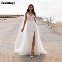 sevintage side split wedding dress 2021 elegant spaghetti straps v neck vintage lace appliques bride dresses custom made