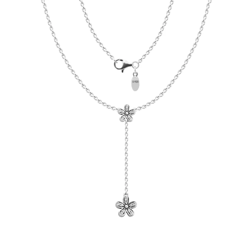 

Necklace Collares 925 Sterling Silver Jewelry Silver Dazzling Daisies Chain Women Bijoux Femme Choker Collier Necklaces