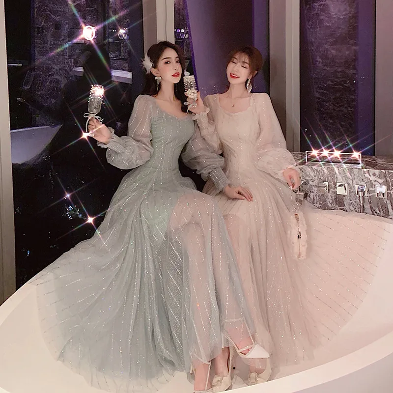 Женское длинное платье в уличном стиле с длинными рукавами-фонариками вечерние