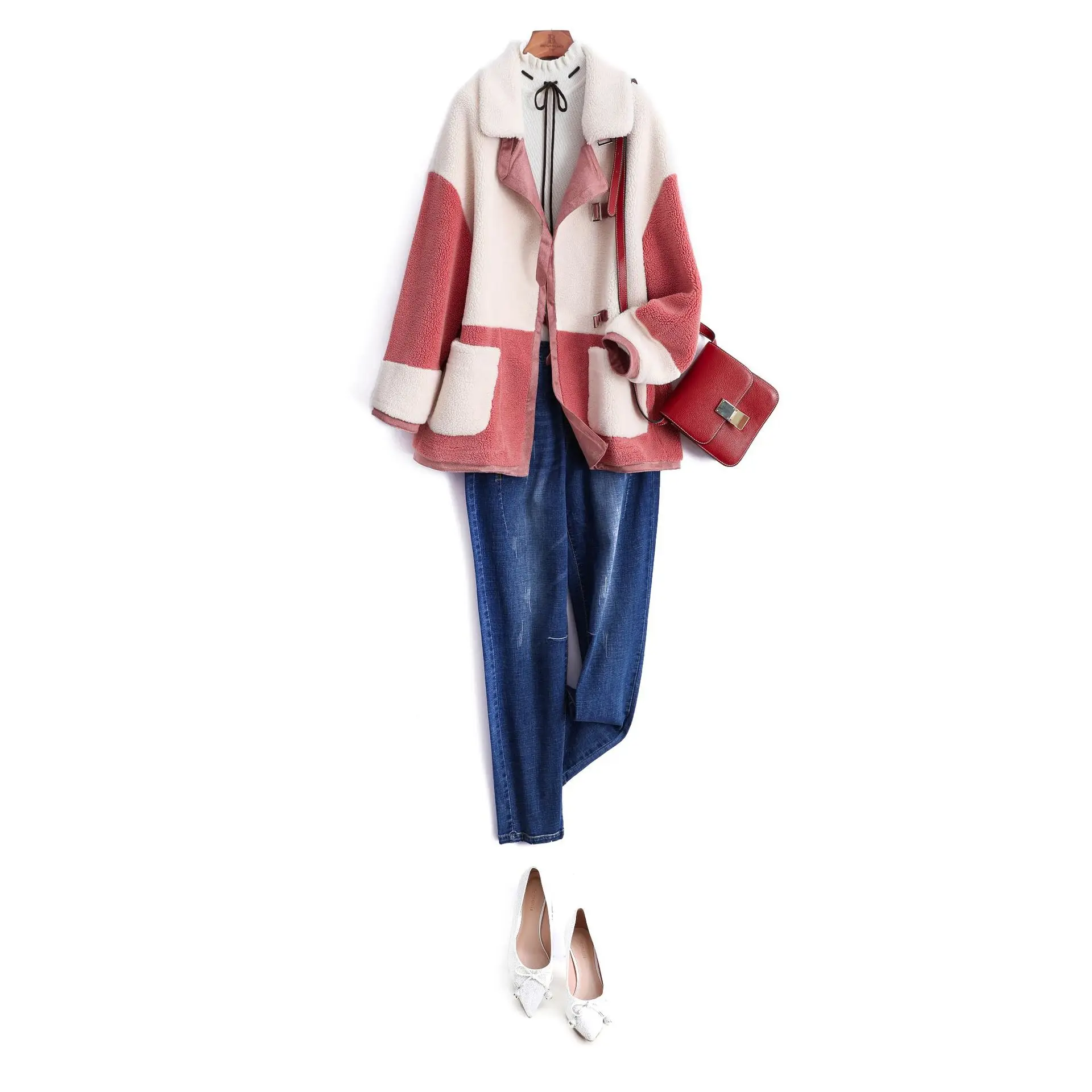 

Women 2019 Spring Autumn Hit Color Stitching Artificial Lambswool Coat Female Loose Casual Overcoat Chic Plush Outerwear