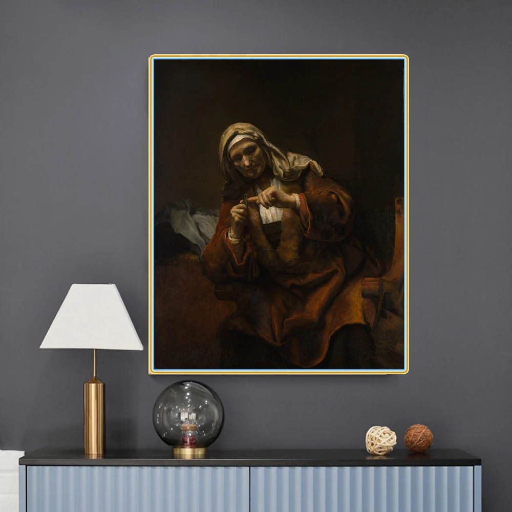 

Old Woman Cutting Her Nails by Rembrandt Canvas Oil Painting Famous Art Poster Picture Wall Decor Home Living room Decoration