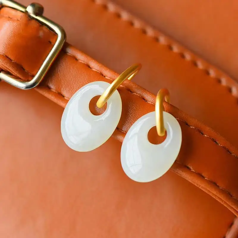 

"Jade Ring" Natural Hetian Jade Safety Buckle Earrings Post-Modern French Style Earrings Sterling Silver Anti-Allergy Women's