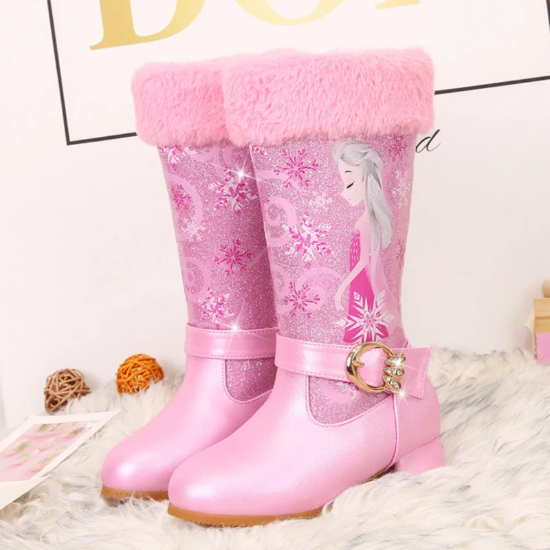 Children's Boots Winter Girls'shoes Children's High-heeled Boots Pink Children's Boots Cartoon Warm Boots