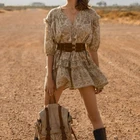 Женское платье с цветочным принтом Happie Queen, Пляжное богемное мини-платье с коротким рукавом, кисточками и оборками, женское свободное винтажное платье из вискозы с V-образным вырезом