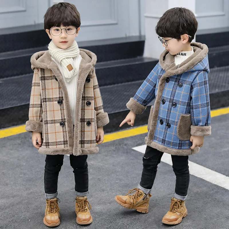 

Boys Woolen Coats For Kids Autumn Winter Warm Plaid Jackets Children Hooded Coats Fleece Thick Outerwear Kids Boy Overcoat 3-12Y