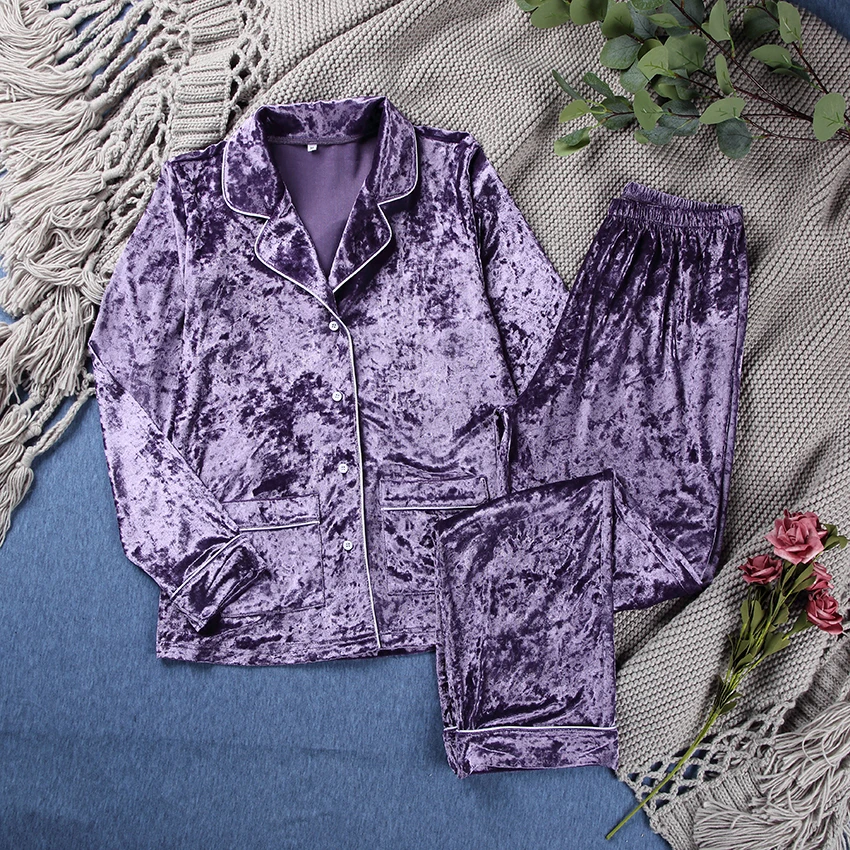 

HiLoc Purple Velvet Pajamas Women Sets Long Sleeve Home Suit Winter Sleepwear Warm Lounge Wear Double Pockets Female Set Casual